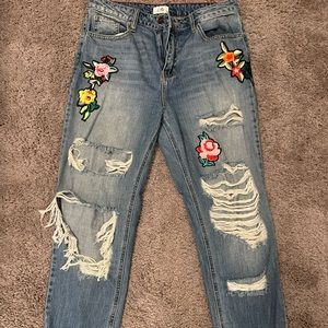 Cello high waisted, ripped jeans with rose patches